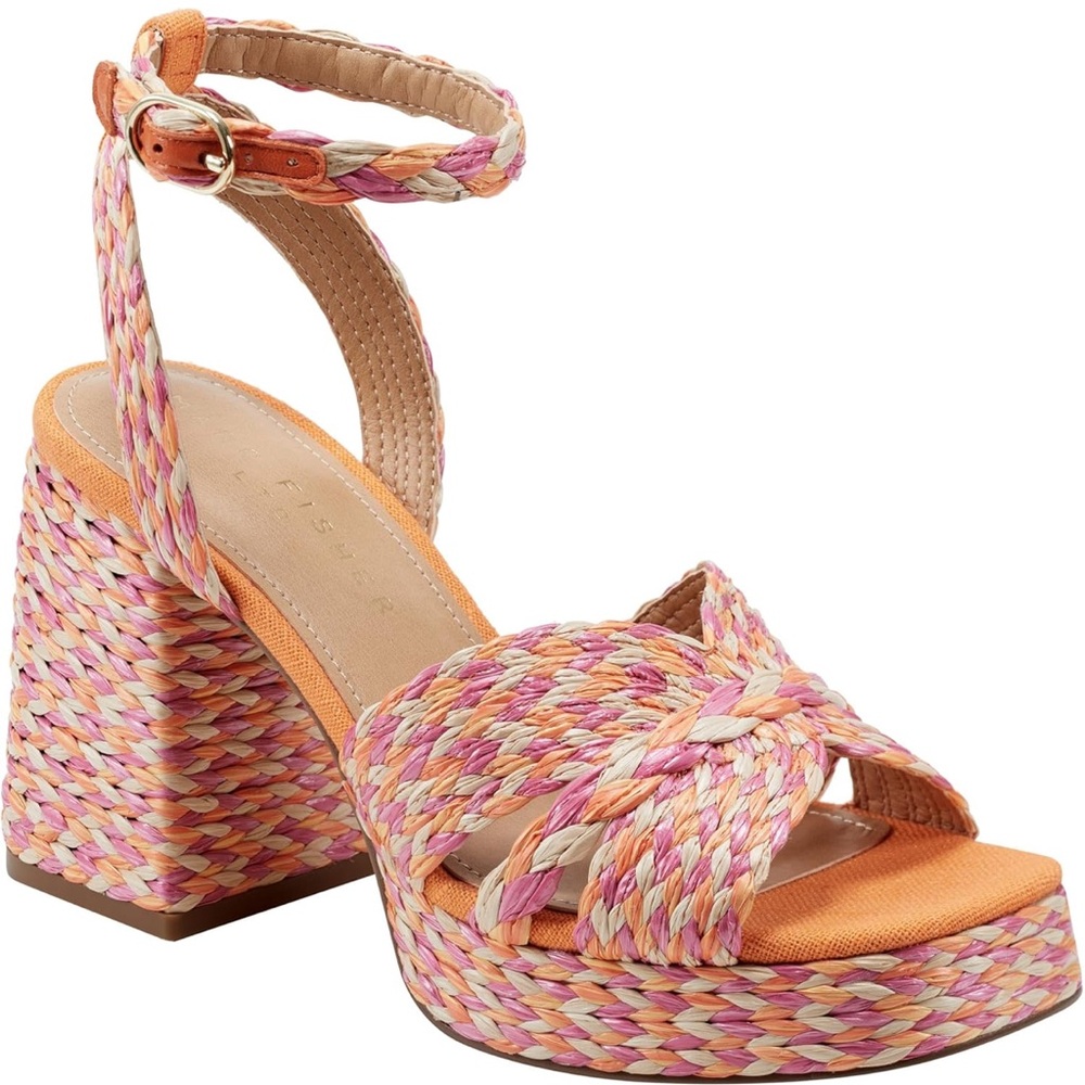 NWT Marc Fisher LTD Raffia Platform Sandals - Janie, Pink Multi, Size 9